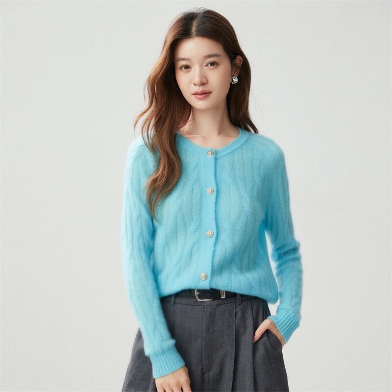 Women's Round Neck Button-Up Cardigan: 75% Cashmere, 25% Mulberry Silk, Cable Knit, Long Sleeve Sweater Coat