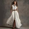 2026 Retro Style Sleeveless Ruffled White Cotton-Linen Blend Long Dress