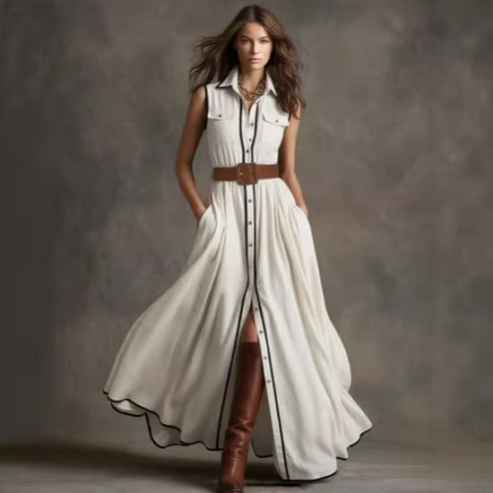 2026 Retro Style Sleeveless Ruffled White Cotton-Linen Blend Long Dress