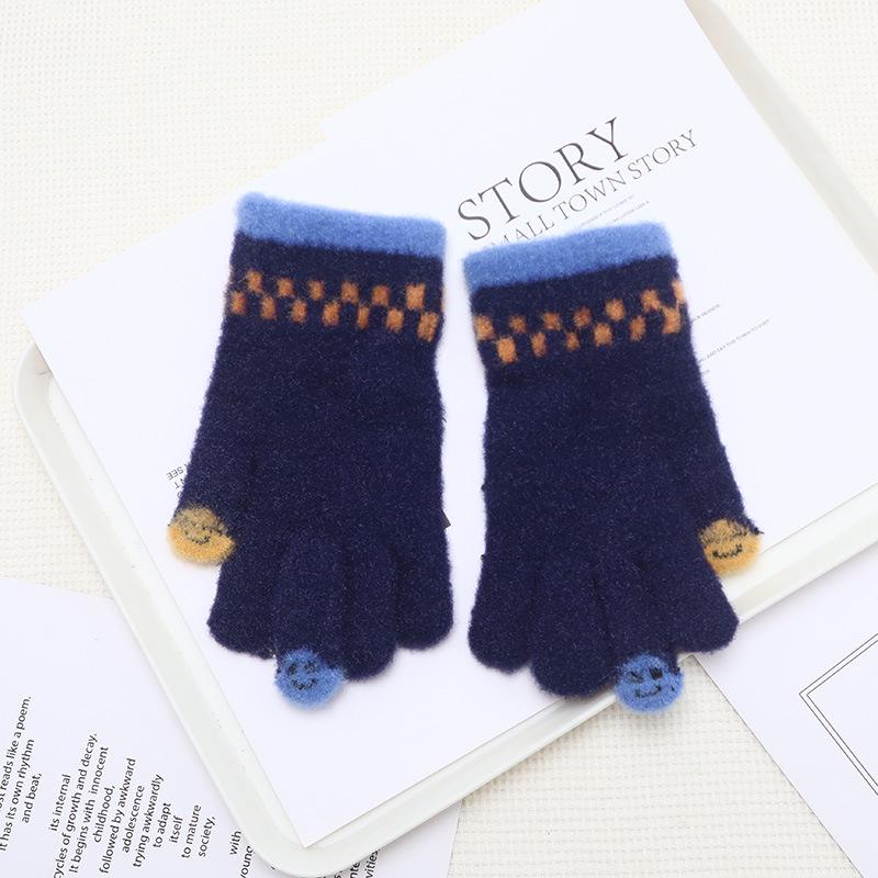 Zimní teplé kreslené kostkované rukavice pro děti - Pětiprsté, zesílené, odolné proti chladu, se smajlíkovým designem pro chlapce a dívky