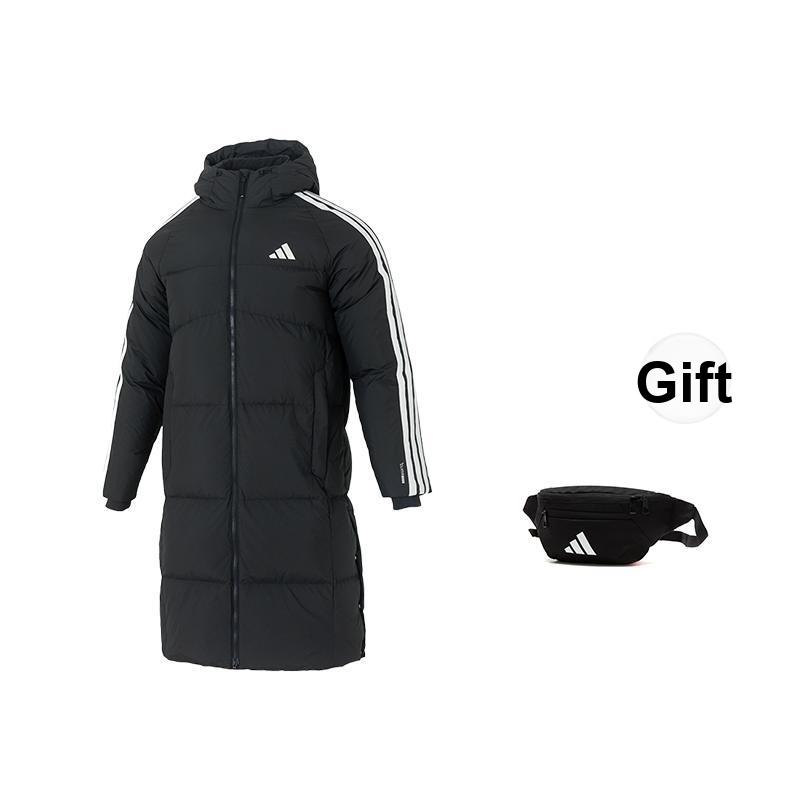 adidas 3-Stripes 3S L Down Jacket Warm Windproof Water-Resistant Duck Down Striped Zipper Hooded Long Coat Men Outerwear Black KC2498