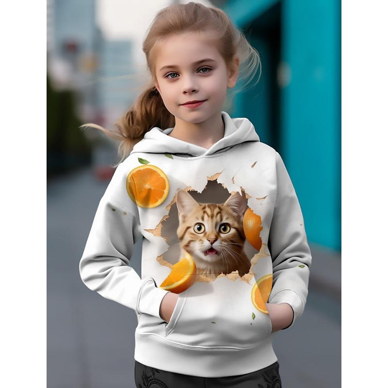 Kids Clothes Girl Spring Fall Hoodies Cartoon 3D Cat Print Streetwear Children's Sweatshirts Outerwear Pullovers Girl Clothing