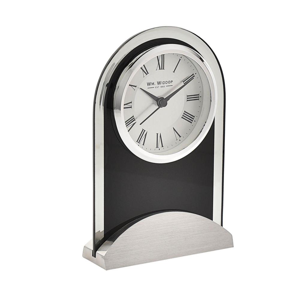 Wm.Widdop Black Glass Panel Aluminium Base Mantel Clock