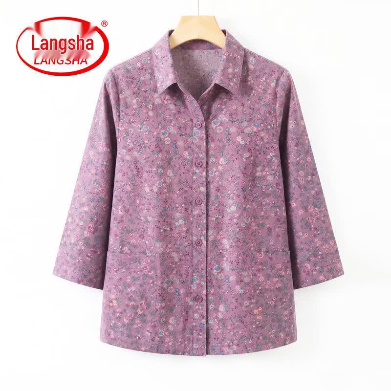 Langsha Women s Summer Floral Print Seven-Quarter Sleeve Blouse 3XL