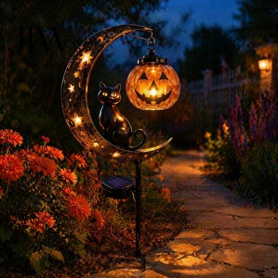 Festliche Halloween-Atmosphäre Licht Schwarze Katze Mond Pfahllicht, Solar Metall Kürbis Laterne mit Dekorativen Lichtern für Garten Warmes Leuchten, Gruselig