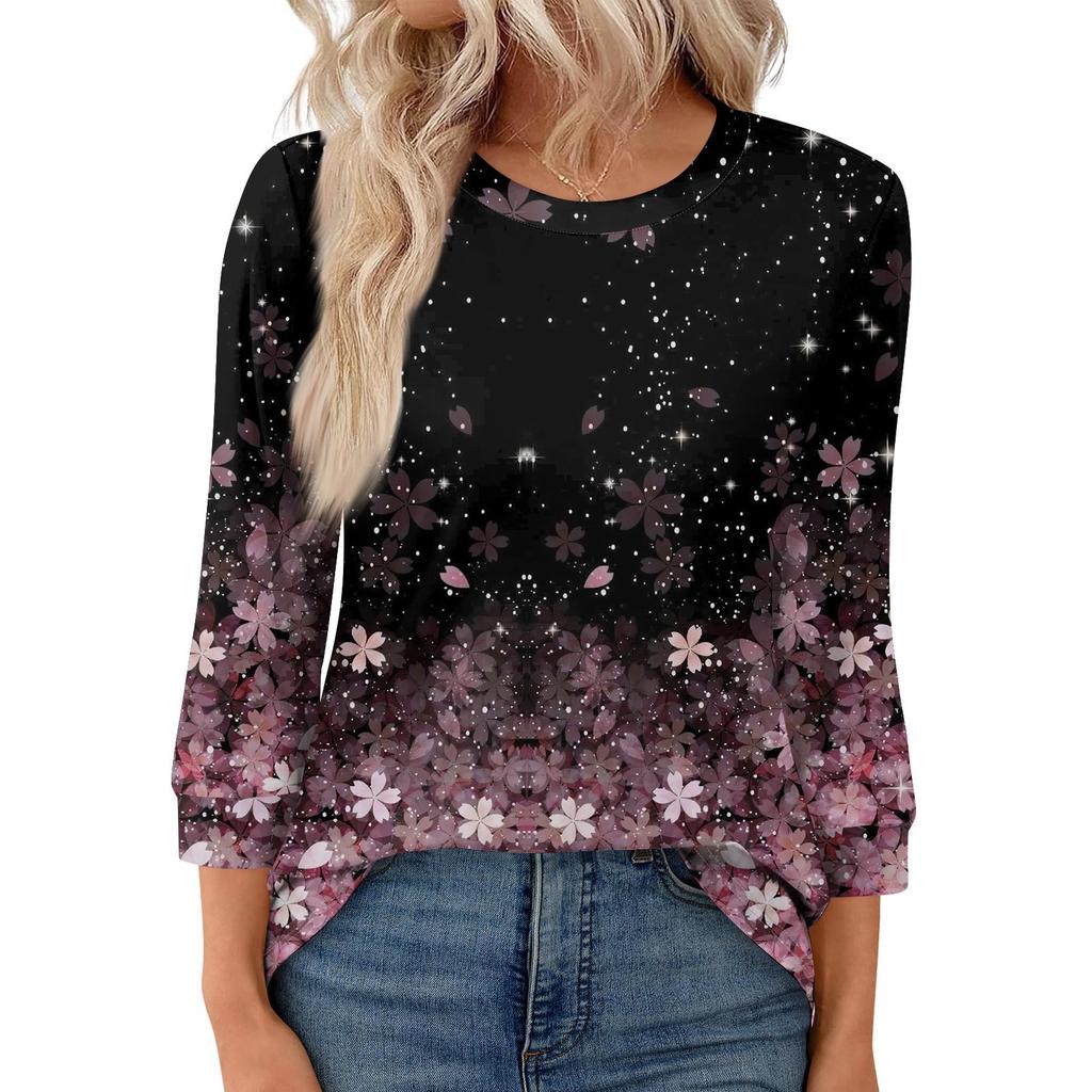 Women's Fashion Casual Round Neck 3/4 Sleeve Loose  Printed T-Shirt Ladies Top