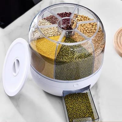 מיכל אחסון אורז מתקן דגנים 6 תאים דלי מסתובב 360° מיכל אטום קופסת דגנים אביזרי מטבח