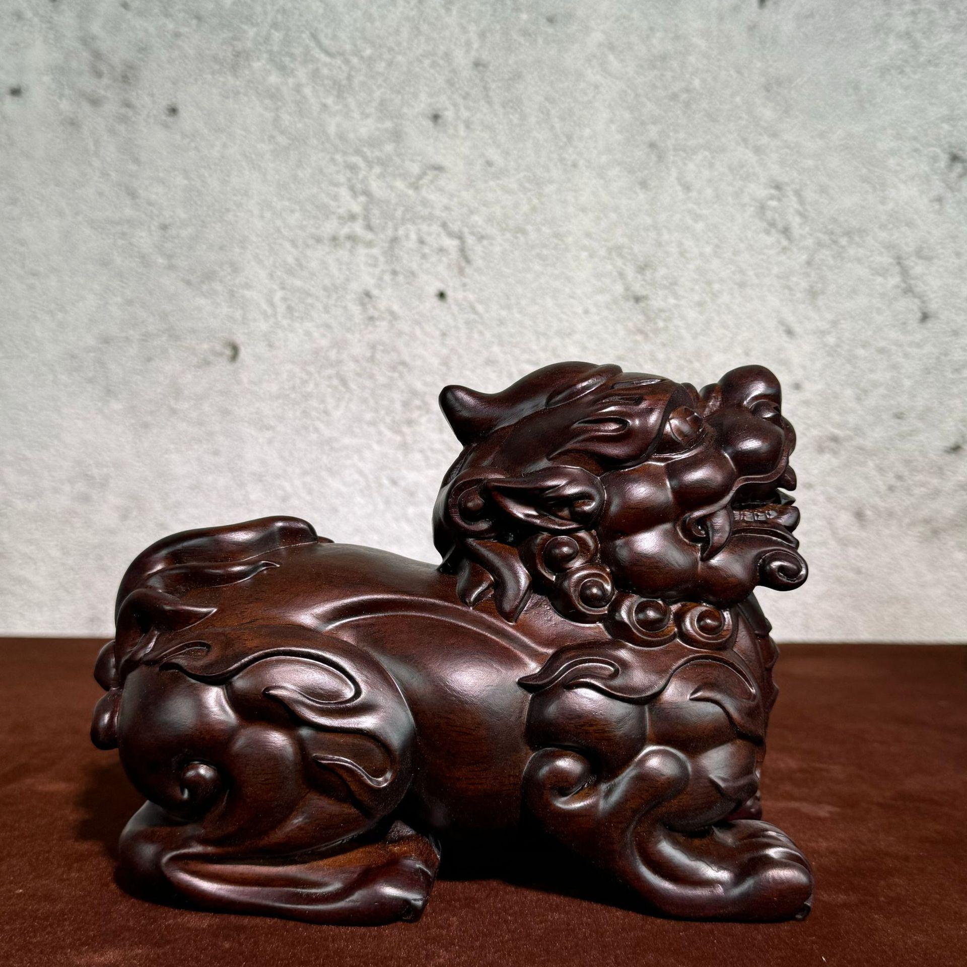 Ebony Carved Pixiu Solid Wood Pair - Home Cabinet Decoration & Craft Gift 11cm Pixiu