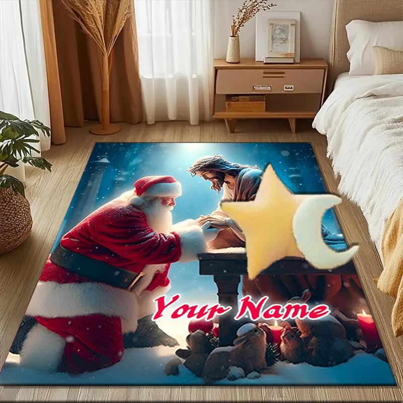 1PC Custom Name Christmas Jesus And Santa Interaction. Theme Floor Mat Ideal for Living Room, Game Rooms, Office, Bedroom,Floor Mat Playful Design