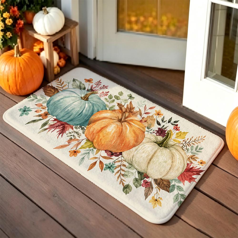 1pc Watercolor Pumpkin Leaf Floor Mat, Fleece 0.8Cm Thick, Suitable for Indoor/Outdoor Doorway Flooring, Front Door, Entrance, Hallway, Courtyard Deco