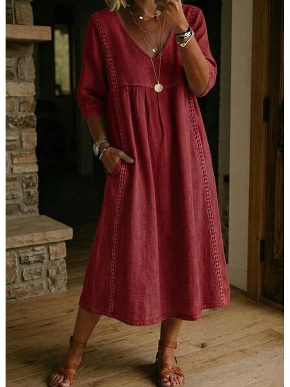 2026 European & American V-Neck Patchwork Lace Trim Linen-Cotton Casual Dress