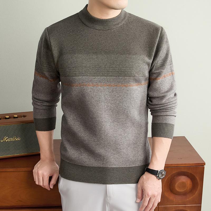 Men S Thick Striped Round Neck Long Sleeve Knitted Pullover Sweater Business Casual