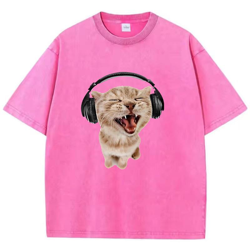 Retro Gewaschenes Baumwoll-T-Shirt Musik Katze Vintage Top Tee Lässige Streetwear Herren Damen Unisex T-Shirt
