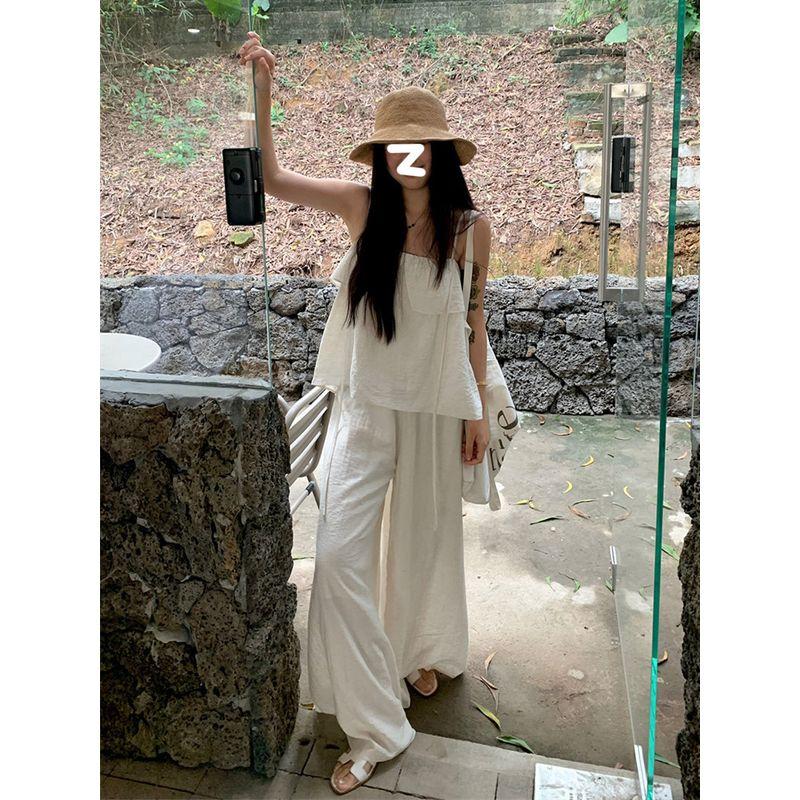 Korean Style White Ruffles Spaghetti-Strap Camisole Top Women's Summer New Arrival Casual Loose-Fitting Wide-Leg Trousers Two-piece Set