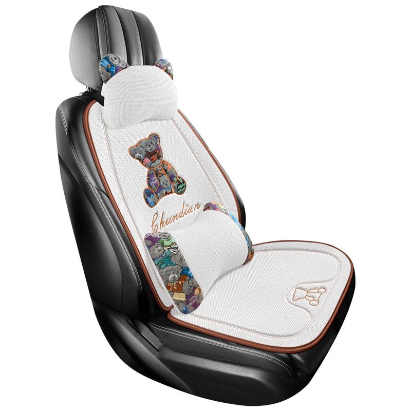Four Seasons Universal Linen Car Seat Cushion - Cartoon Bear, Breathable, Half-Wrap Rear Seat Cover