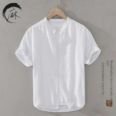 Camisa de lino y algodón de manga corta con cuello alto estilo japonés para hombre - Ropa informal de verano neutra
