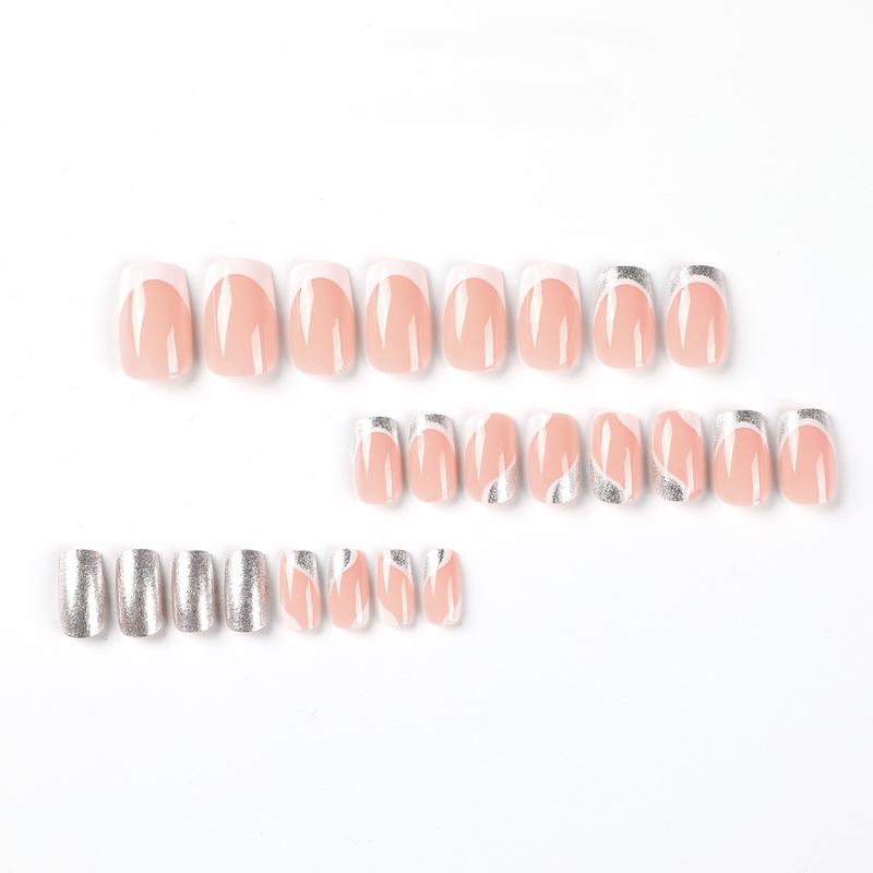 24Pcs/Set Quick Nails White Edge French Glitter False Nials Sticker Wearable Waterproof Manicure Finished Nails