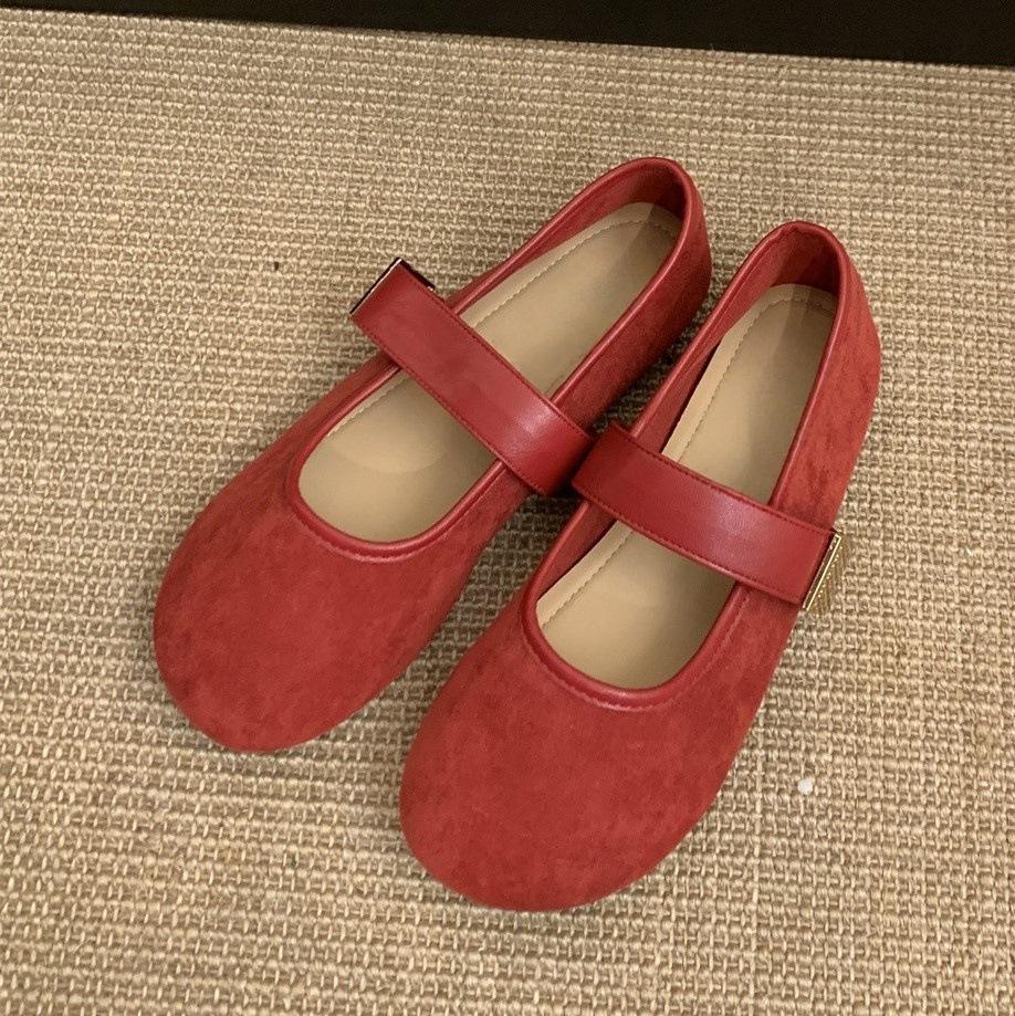 Suede Red Light Mouth Single Shoes Female Spring and Autumn New Retro Gentle Fairy Style Casual Soft Flat Mary Jane Shoes