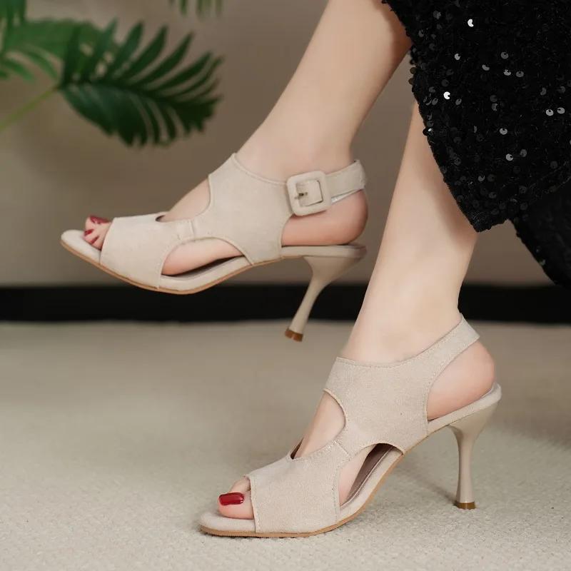 New Woman Pumps Shoes Women's Fashion High Heels Fish Mouth High Heels Summer New Round Head Thin with Sexy Hollow Roman Sandals