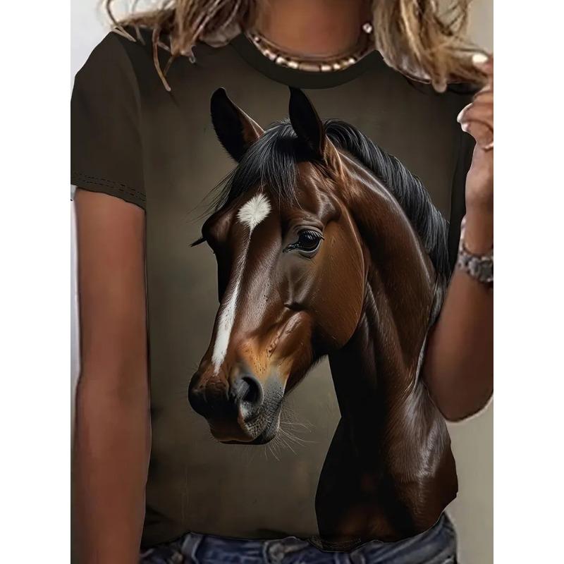 Haut décontracté à manches courtes et col rond avec imprimé animal cheval pour femme