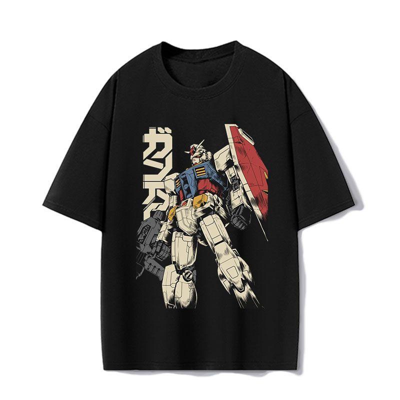 New Japanese Animation Retro Gundam Mobile Fighter Loose Shortsleeved Tshirt Pure Cotton Crew Neck Top Trendy Tee