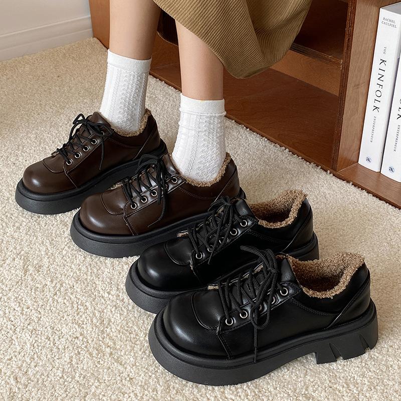 College Style Velvet Small Leather Shoes Women's Autumn and Winter New Lamb Wool Shoes Thick Sole Heightening Lace-up Loafers