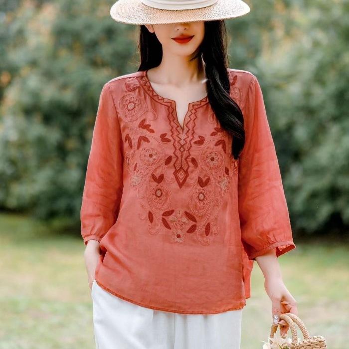 Women S Ramie Shirt 3 4 Sleeve V Neck Embroidered Elegant Top