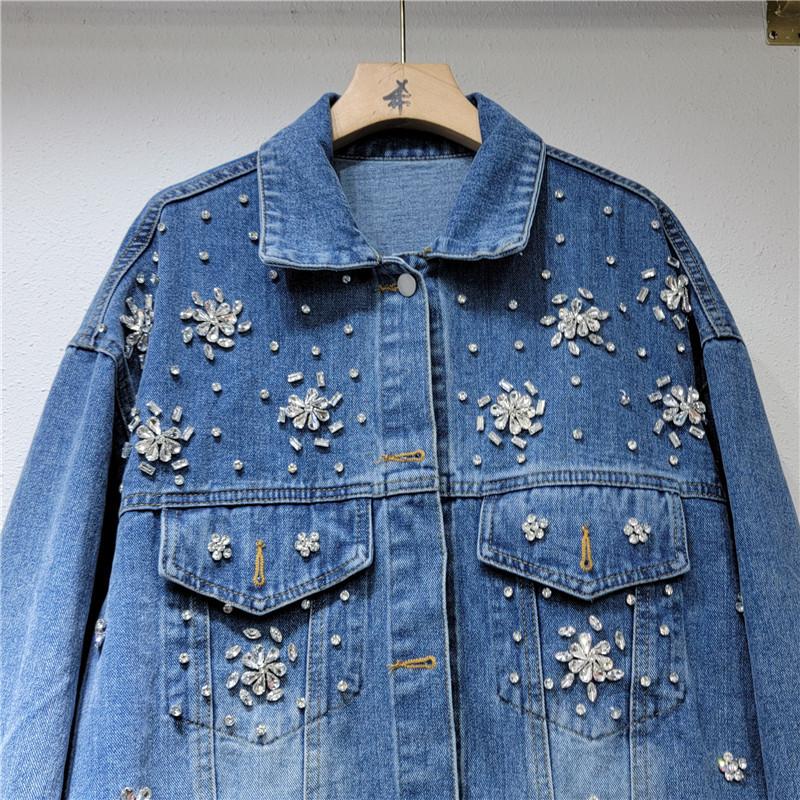European Station Autumn New Temperament Lapel Heavy Industry Nail Drill Loose Casual Denim Jacket Women's Cross-border Trendy Brand