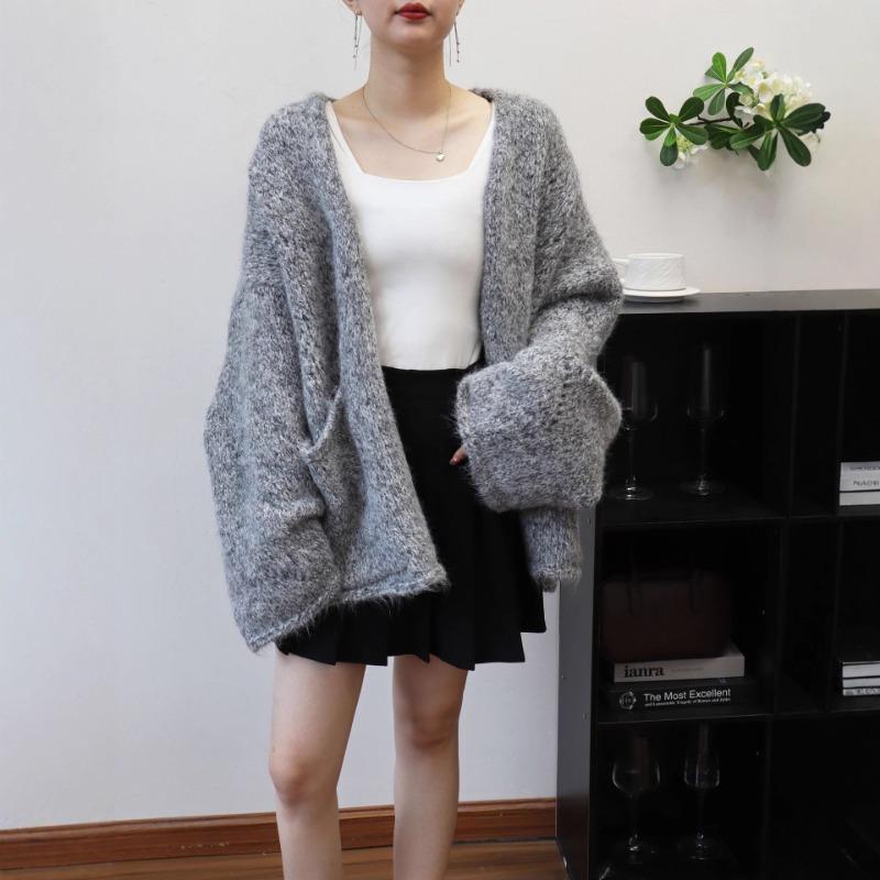 Purple knitted cardigan autumn and winter new design lazy style loose high-end sweater jacket women