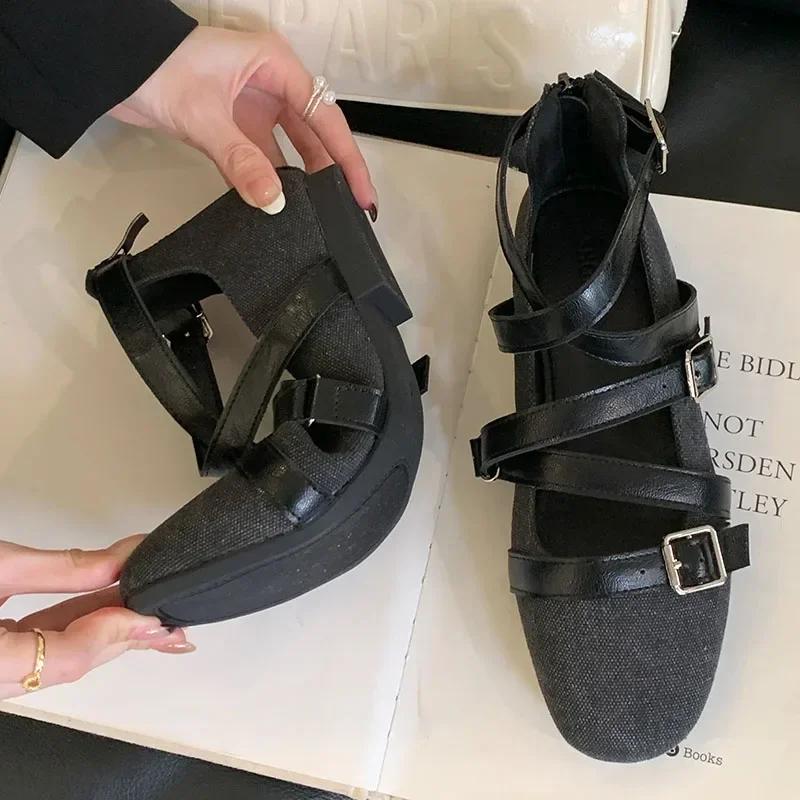 Fashion Belt Buckle Flat Mary Jane Shoes Women Fashion Design Footwear Female Cross-tied Soft Sole Comfort Ballet Shoes Zapatos De Mujer