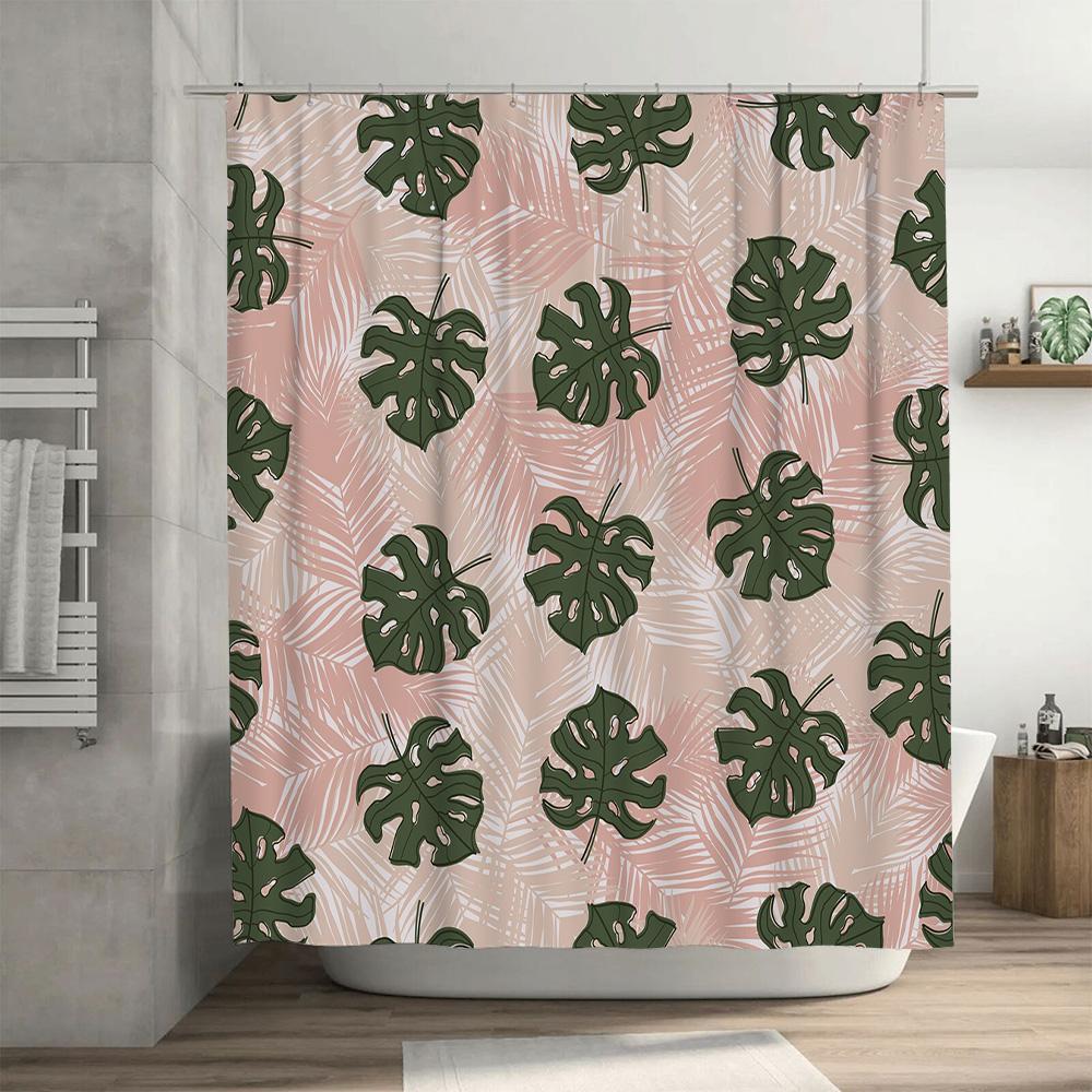 Minimalist Green Palm Leaf Bath Curtain SetWaterproof Bathroom Shower curtain featuring Monstera leaf design in pink with white