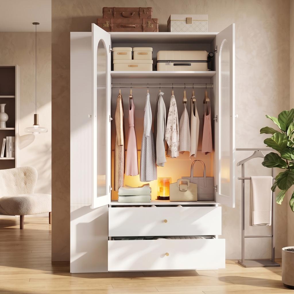 Kleiderschrank Weiß, 120 x 50 x 200 cm, 4 Schubladen, 2 Glastüren und 2 Kleiderstangen, Moderner Schlafzimmerschrank, für Schlafzimmer, Kinderzimmer, Büro
