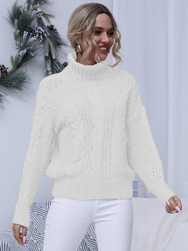 European & American Style Solid Color Cable Knit Turtleneck Sweater - Versatile Autumn/Winter Pullover