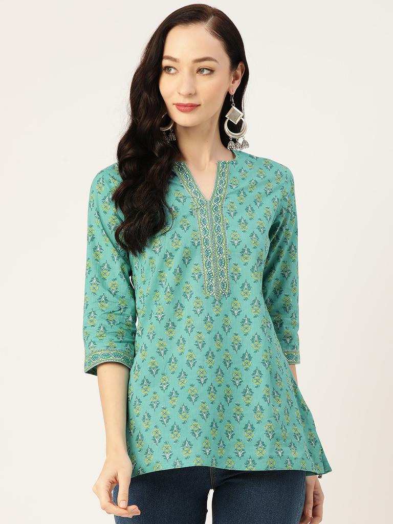 Sea Green Printed Cotton Kurti