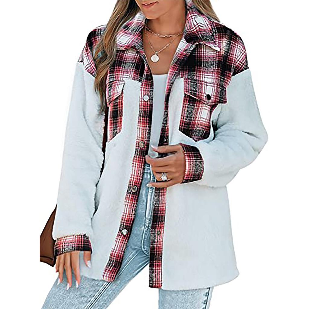 Women's Casual Fashion Lapel Single Breasted Contrast Plaid Plush Coat