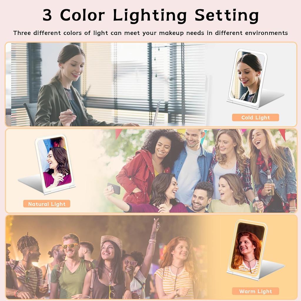 KerMiCi Lighted Travel Makeup Mirror, Portable Travel Mirror 10X Magnification with 72 LED Lights & Stepless Dimming 3 Color Rechargeable Cosmetic