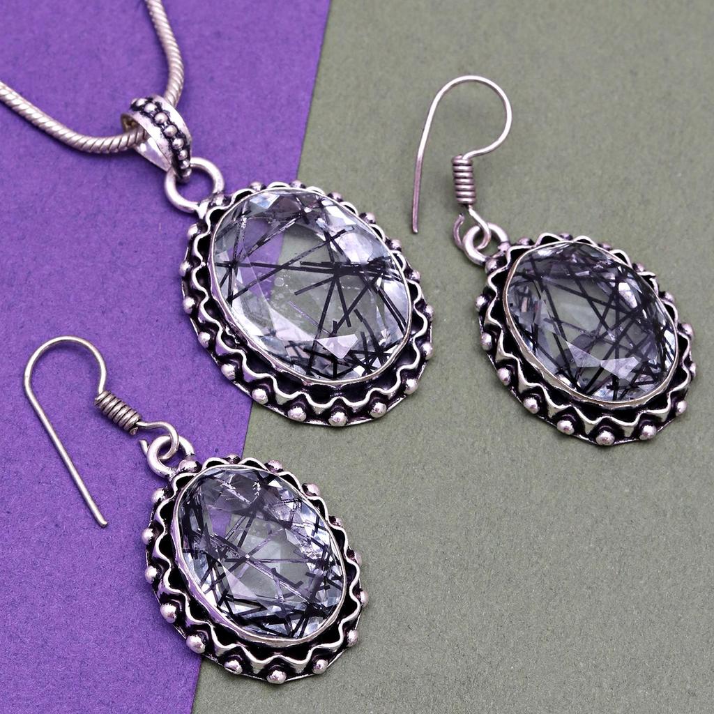 Black Rutile Set Pendant Jewelry Earring 18-20'' Gemstone Handmade