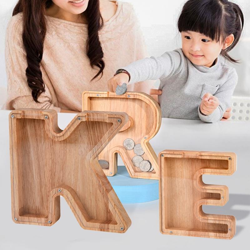 

Letters English Piggy Bank Wooden Coin Money Saving Box Jar Coins Storage Box Desktop Ornament Home Decor Crafts Xmas Gift