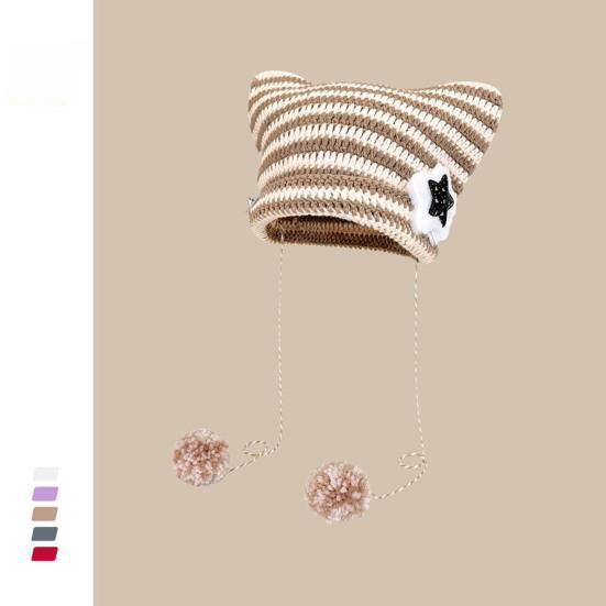 Winter Knitted Hat Cat Ear Design Plush Ball Decor Striped Print Windproof Warm Women Hat Cold Weather Headwear