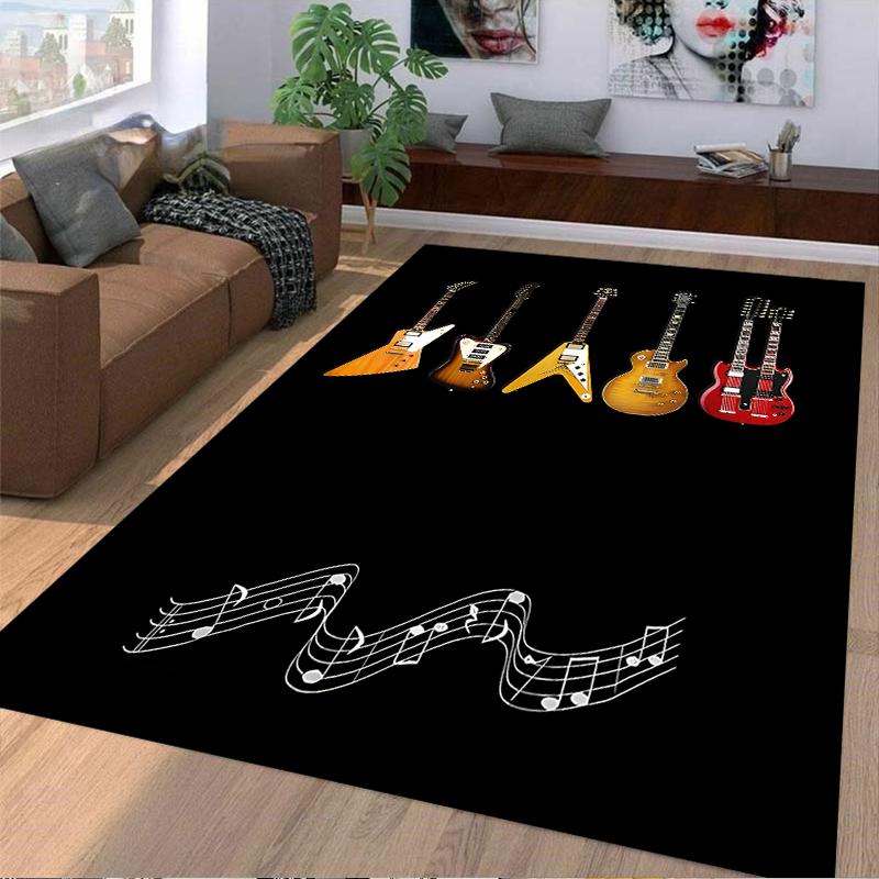 Guitar Pattern Carpet with Musical Notes On Black Background Suitable for Use As an Anti-slip for Living Room Bedroom Sofas