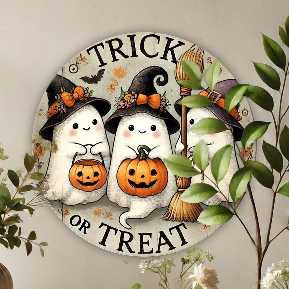 Vintage Halloween Rund Metallskylt Girland - "Bus eller godis" Spökdesign för Hem, Kök, Trädgård, Verandadekoration