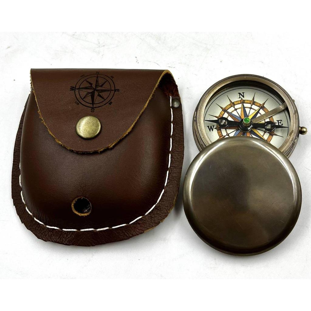 India Brass Round Lid compass nautical with Leather case Compass  (Brown)