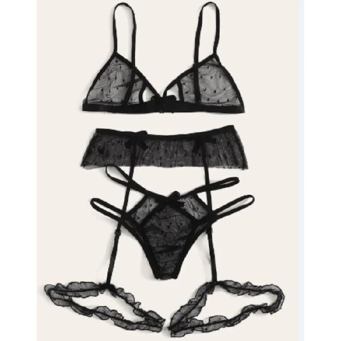 Sexy Bra Set Transparent See Through Bra and Panty Set with Garter Perspective Mesh Lace Lingerie Set Ladies Underwear Set