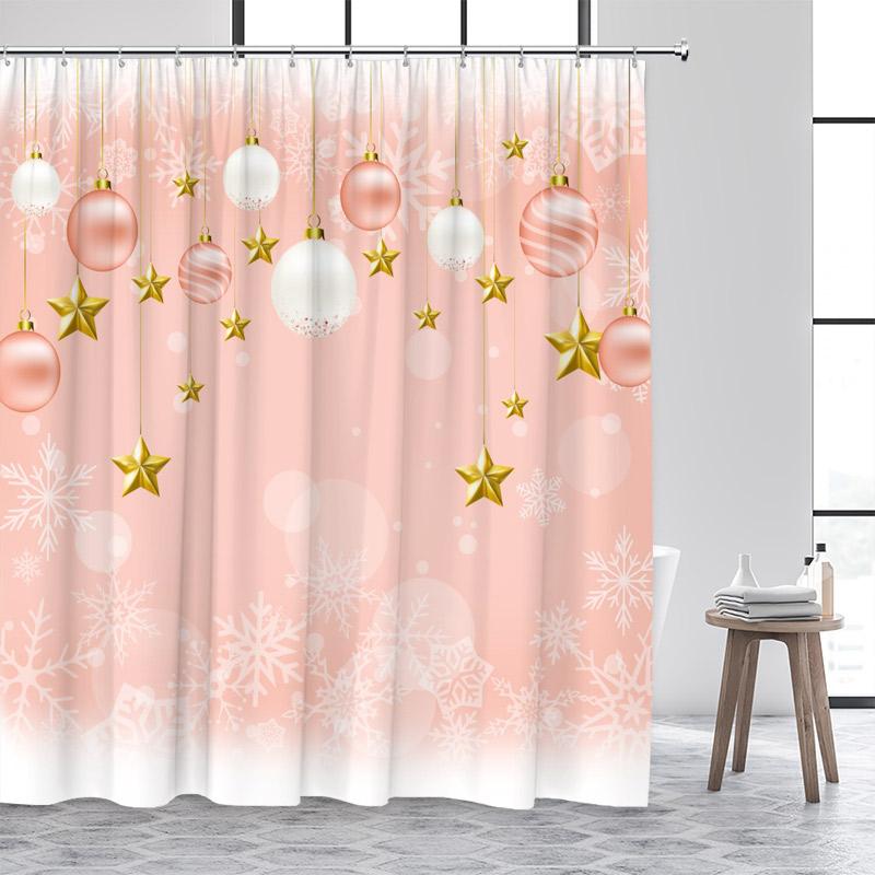 Pink Christmas Shower Curtain Xmas Balls Gold Stars Snowflakes New Year Home Bathroom Decor Bath Curtains Washable with Hooks