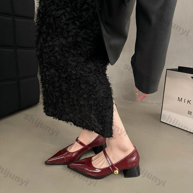 Women Retro Chunky Mary Jane Shoes Patent Leather Dress High Heels Square Head Square Heel Solid Color Women Autumn Single Shoes