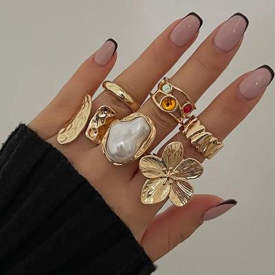 Ingemark 2025 Neue Irreguläre Übertriebene Metallblume Offene Ringe Frauen Elegant Barock Imitationsperlenring Zirkon Accessoires