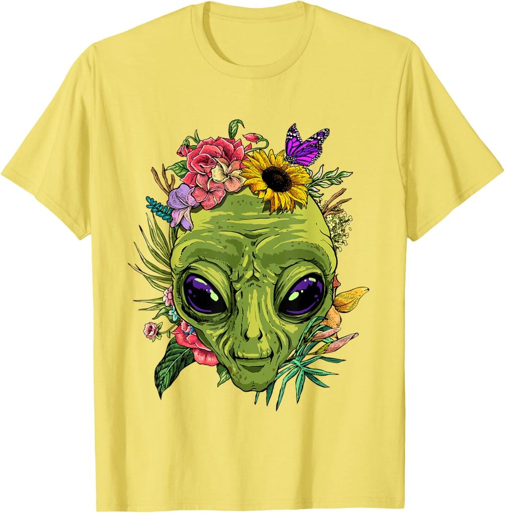 Alien mit Blumen Grafik-T-Shirt Herren Lässig Sommerausflug Rundhals-T-Shirt