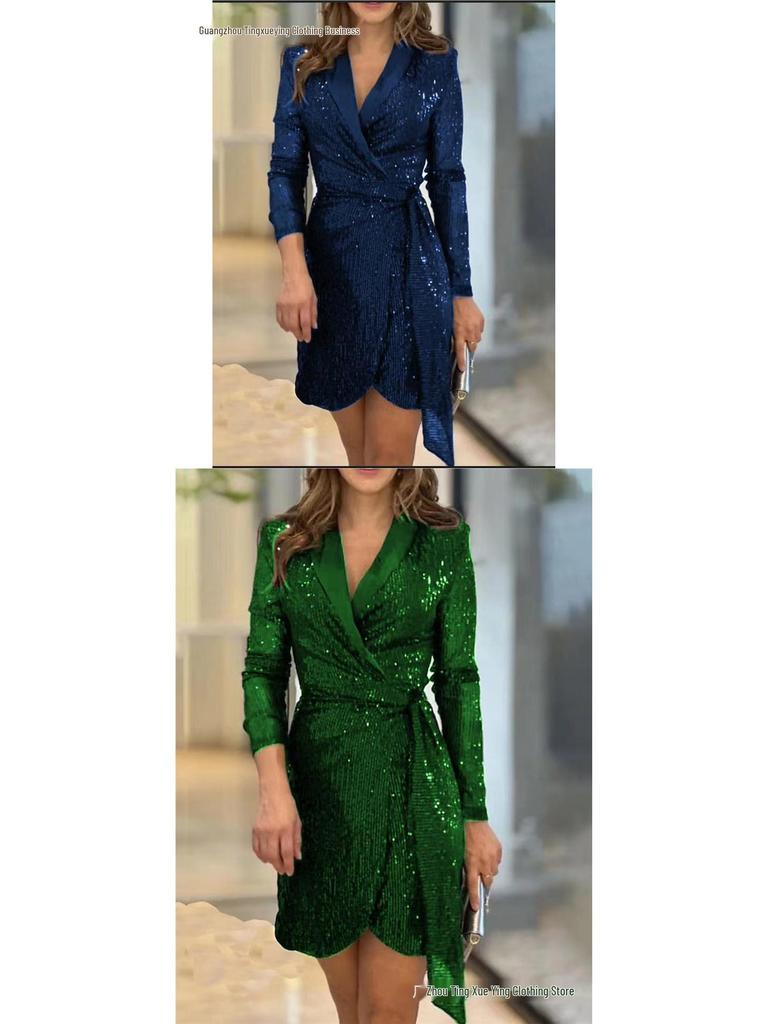 European & American Ladies' Fashionable Sequin Tie-Up Dress with Waist Cinch and Lapel 