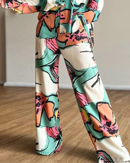 Cross-border Europe, America 2025 New Temperament Women's Clothing Large Size Printed Commuter Shirt High Waist Wide Leg Pants Spot Set