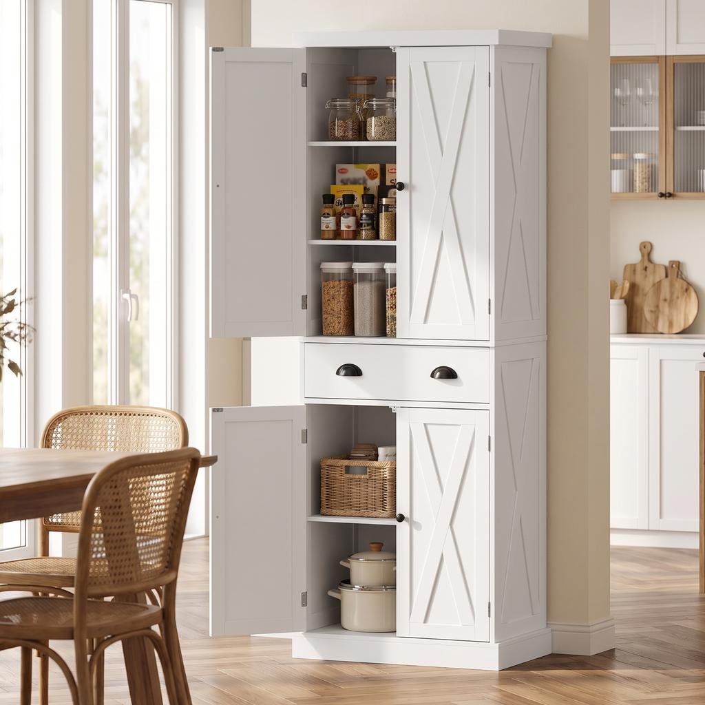 High Kitchen Buffet, 4 Doors, Drawer, 62 x 38 x 173 cm, White